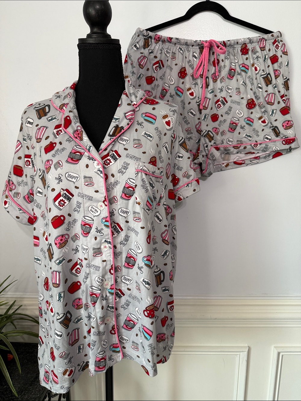 Pillow Talk Coffee Lovers Print Grey Pink Soft Top Shorts Pajama Set XL